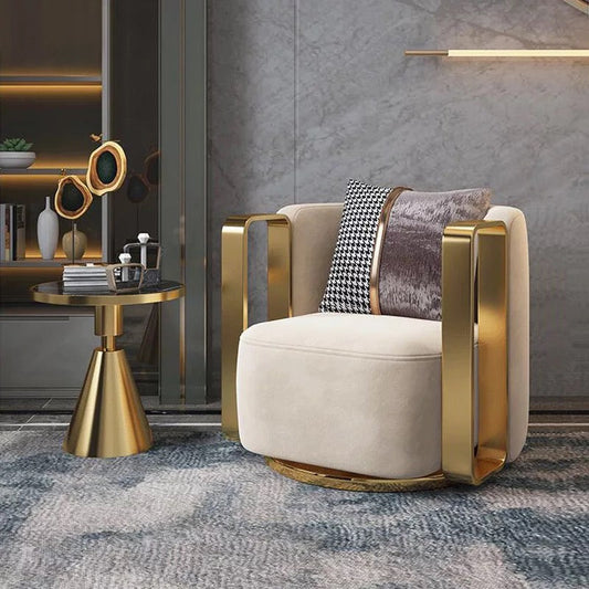 Fauteuil de salon pivotant de luxe avec cadre en métal doré, chaise simple 