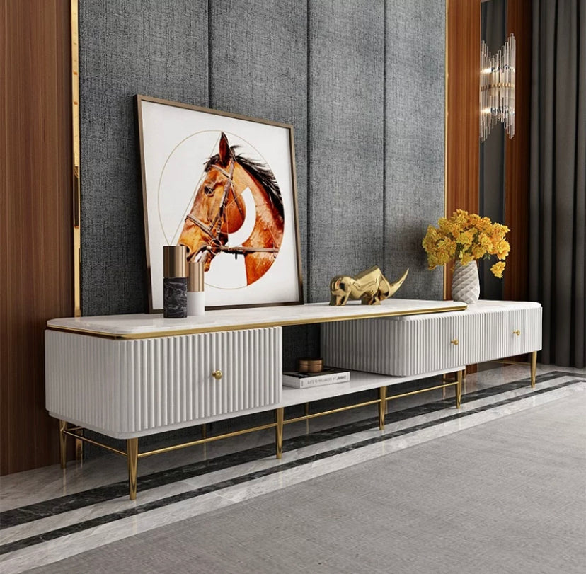 Tv Stand Modern Luxury Jazz Snow White Living Room TV Cabinet Telescopic Marble Fernsehtisch