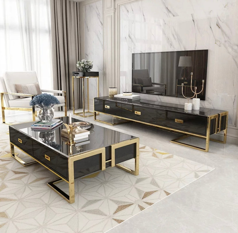 TV Lowboards Modern Luxury Fernsehtisch Tempered Glass Surface And Stainless Steel Titanium TV Cabinet