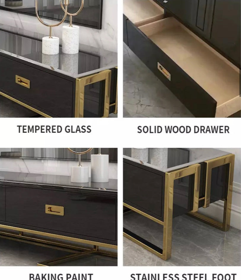 TV Lowboards Modern Luxury Fernsehtisch Tempered Glass Surface And Stainless Steel Titanium TV Cabinet