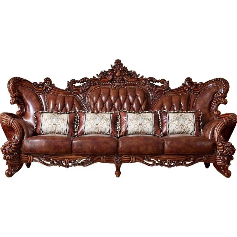 2023 Nuevo conjunto de sofás tallados a mano, muebles de cuero de diseño barroco, sofá antiguo para sala de estar
