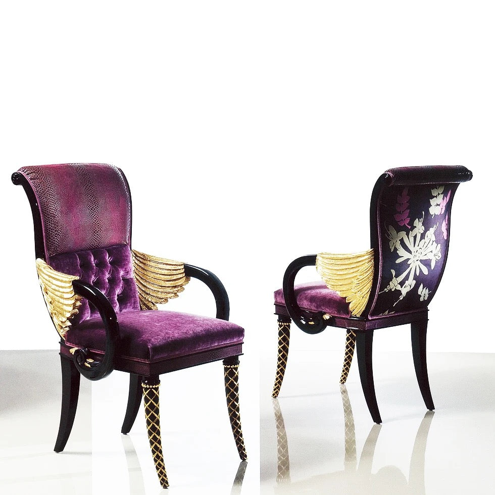 Artistic Luxury Neoclassic Carving Wood Golden Angel Wings Arm Chair Royal Purple Velvet Upholstery Chairs