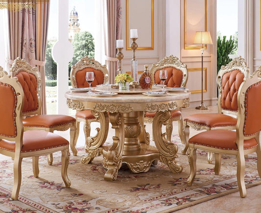 Juego de mesa de comedor, juego de muebles de comedor de diseño barroco italiano tallado a mano con lámina dorada 