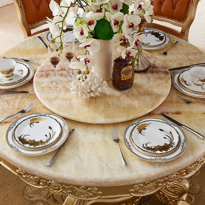 Juego de mesa de comedor estilo Barock, muebles de comedor de diseño italiano tallados a mano con lámina dorada 