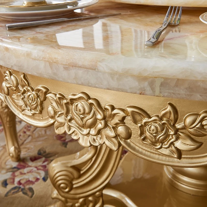 Barock Style Dining Table Set Golden Foil Hand Carved Italian Design Dining Room Furniture