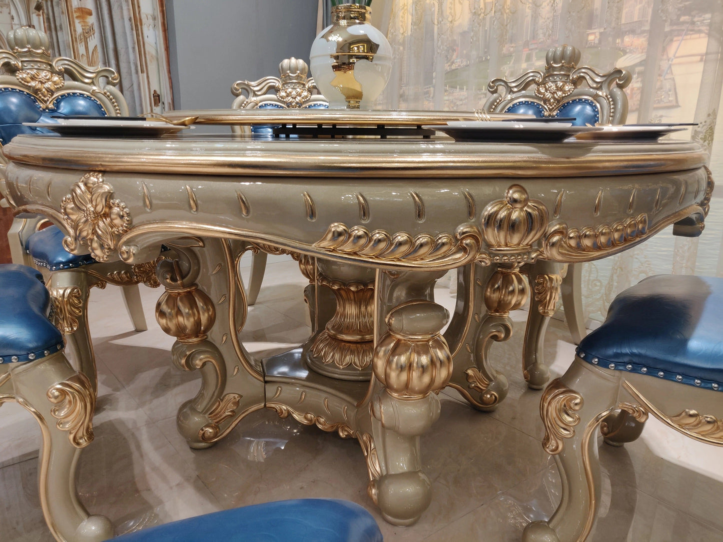 Barock Style Dining Table Set Golden Foil Hand Carved Italian Design Dining Room Furniture
