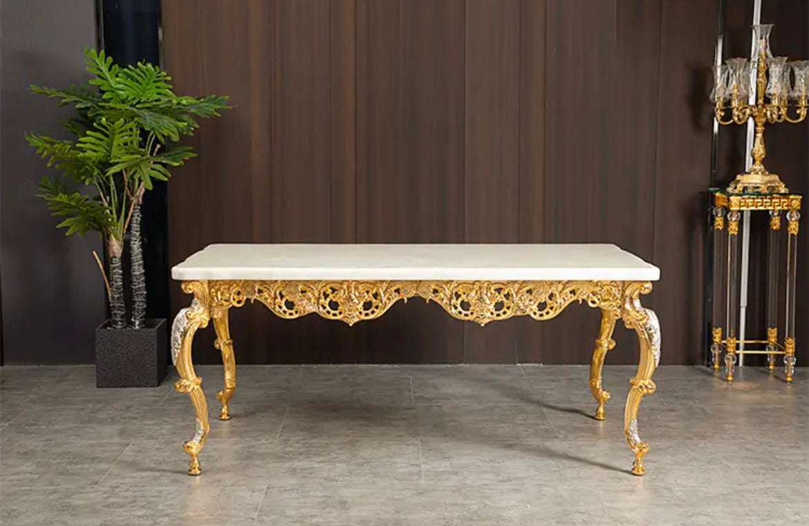 Mesa de comedor Royal Luxury, mesa de comedor de diseño barroco con tapa de mármol y cobre dorado