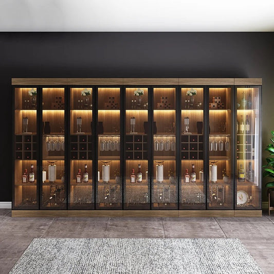 Armoire de salon en verre, armoire à vin en bois minimaliste moderne avec lumière 