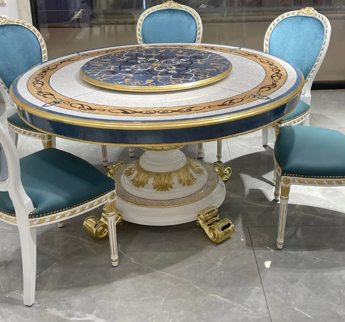 Mesa de comedor estilo Barock, juego de mesa de comedor redonda dorada antigua de lujo nórdico