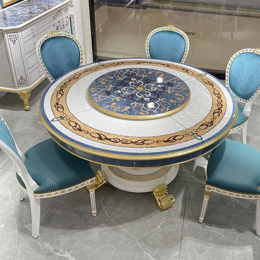 Mesa de comedor barroca de lujo nórdica, juegos de mesa de comedor redondas de oro antiguo