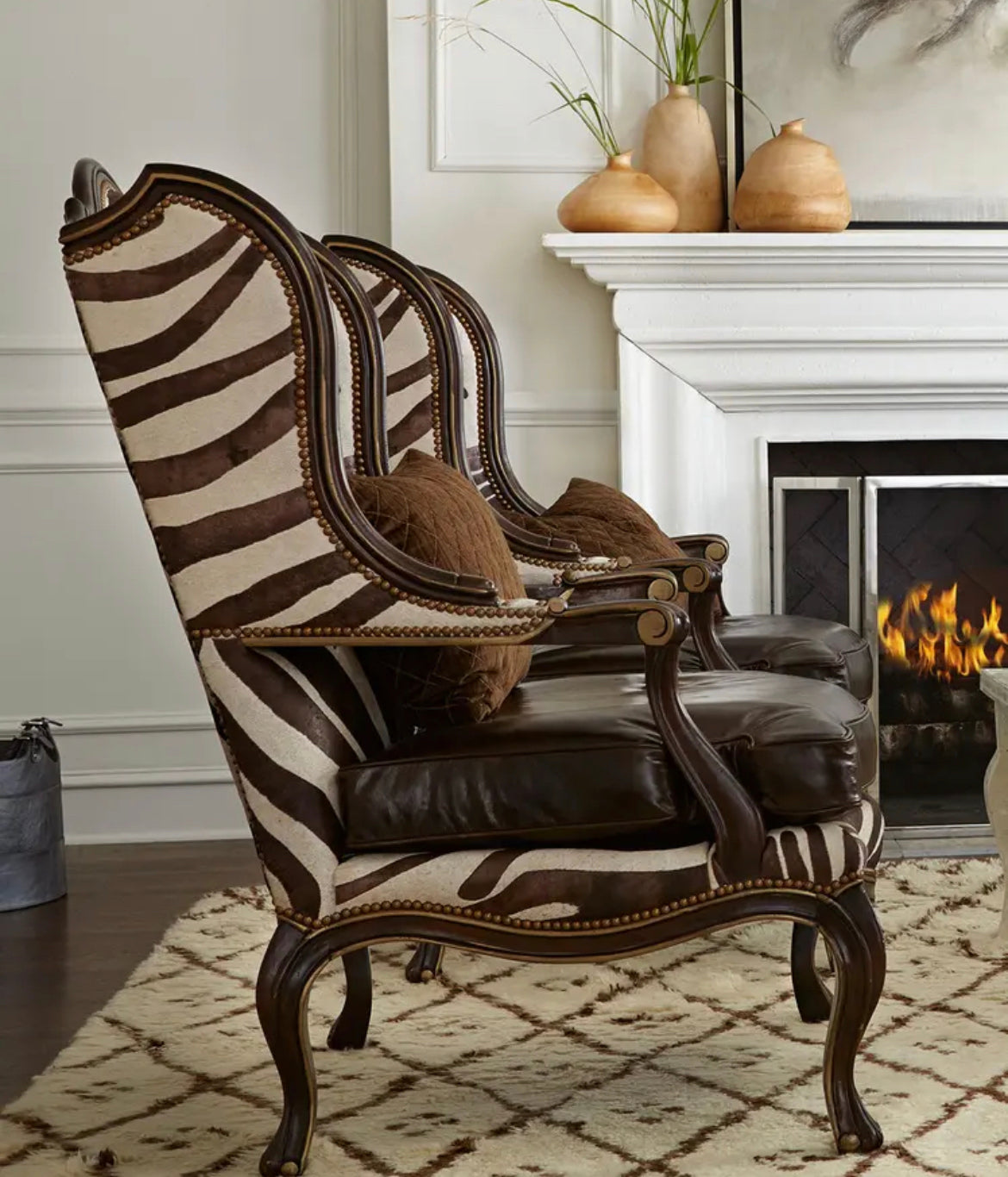 Sillón italiano de alta calidad con estampado de cebra, sillas de cuero tapizadas con acento para sala de estar 