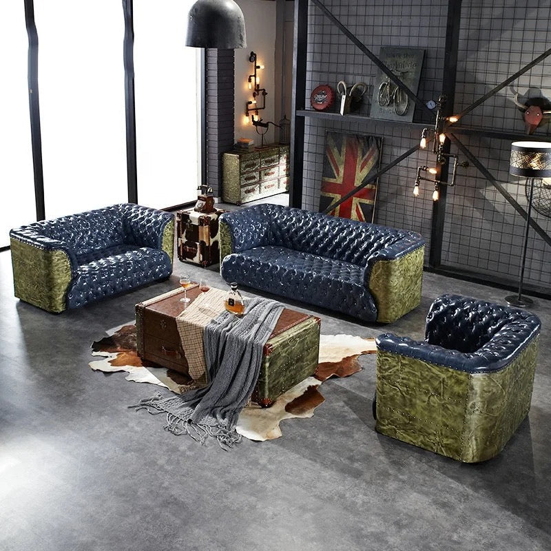 Ensemble de canapés design de luxe italien, canapés Chesterfield en bois massif, cuir et aluminium