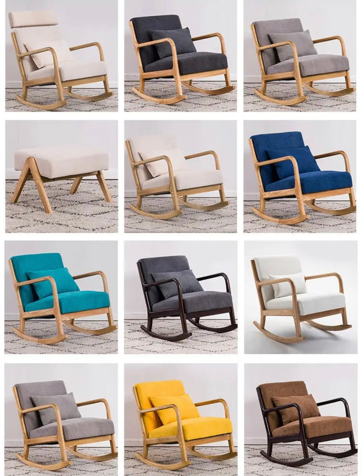 Chaise à bascule design du milieu du siècle, fauteuil à bascule rembourré en bois avec bras de salon 