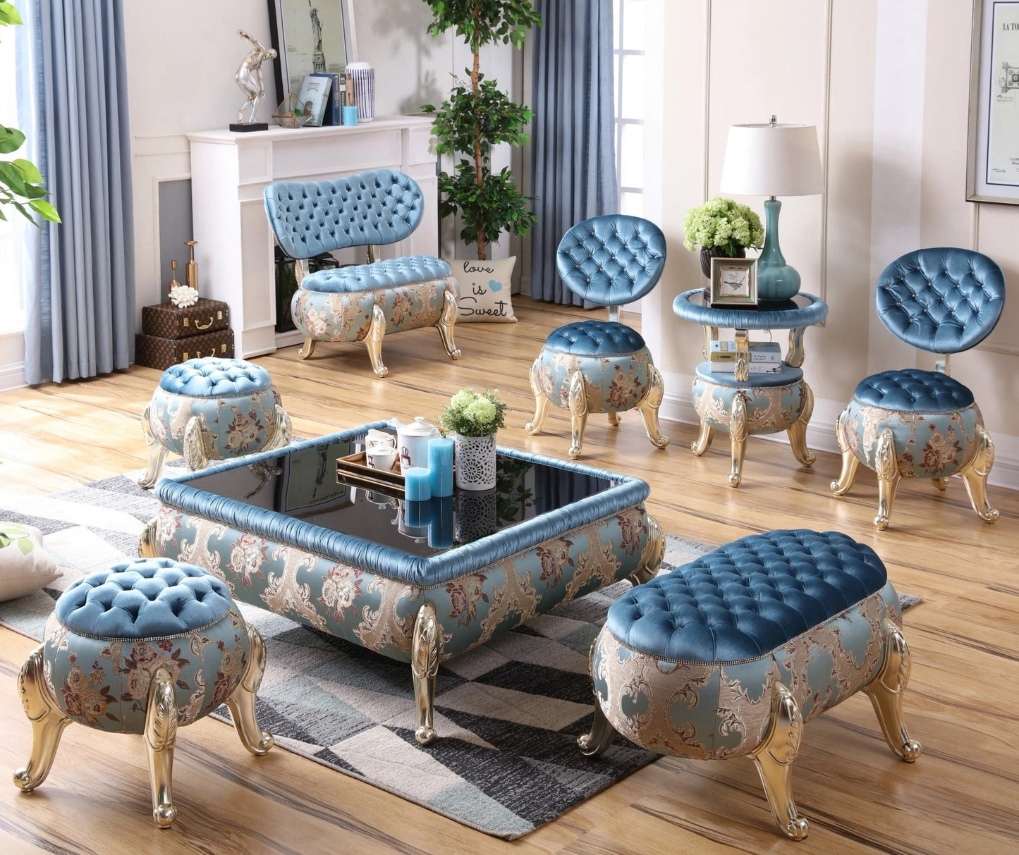 Juego de mesa de centro, muebles de sala de estar, estilo barroco árabe de lujo, sofá de madera hecho a mano 