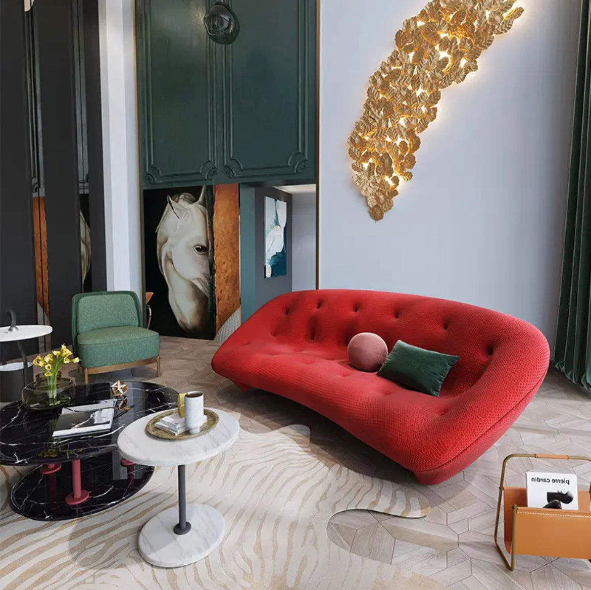 Diseño de muebles de lujo, sofá con botones de diseño en forma de concha, sofá Chesterfield de ocio 