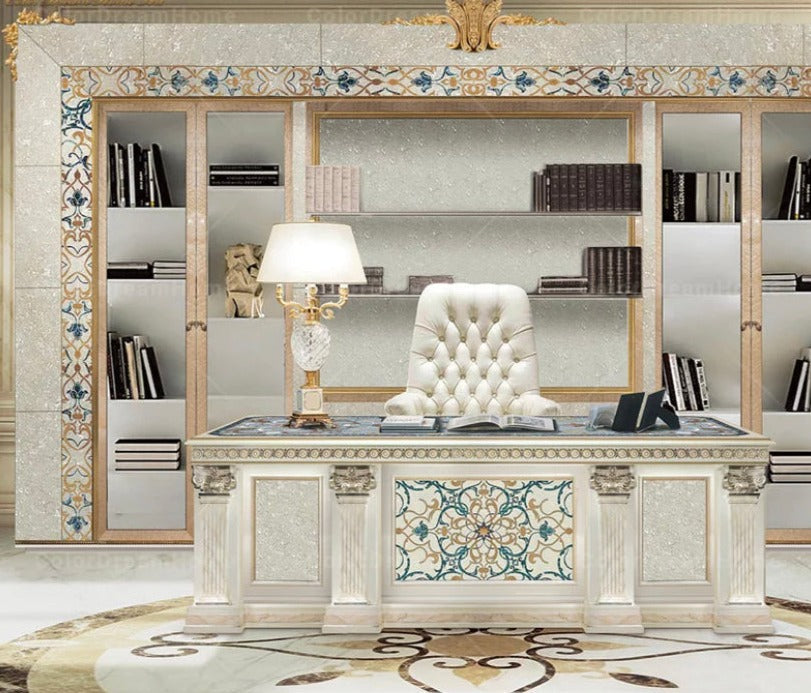 Baroque Office Cabinet Italian Classical Royal Luxury Wood Carving Office Desk Set