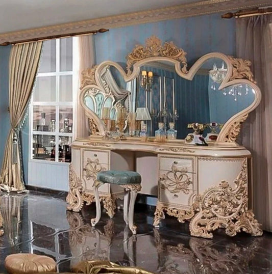 Ensemble de vanité de chambre principale, miroir et tiroirs sculptés à la main, coiffeuse de luxe de style Barock 