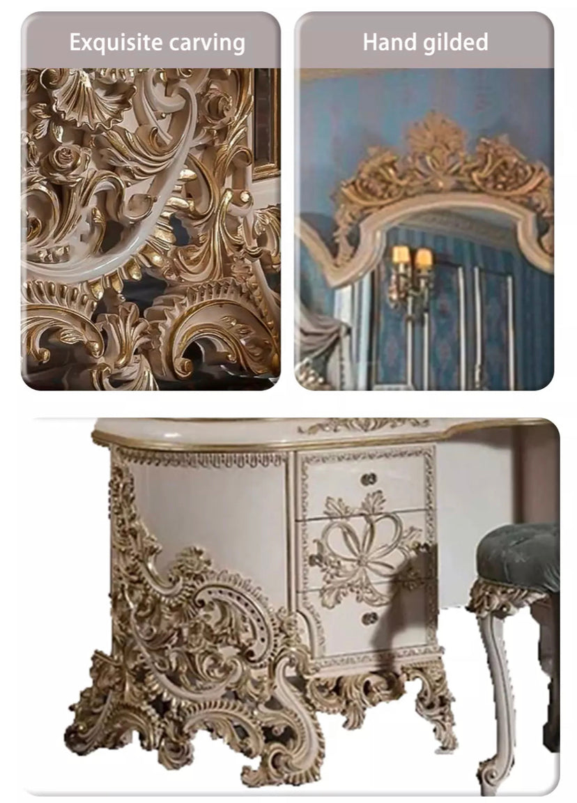 Dressing Table Hand Carved Mirror and Drawers Luxury Baroque Furniture Wood Vanity Set