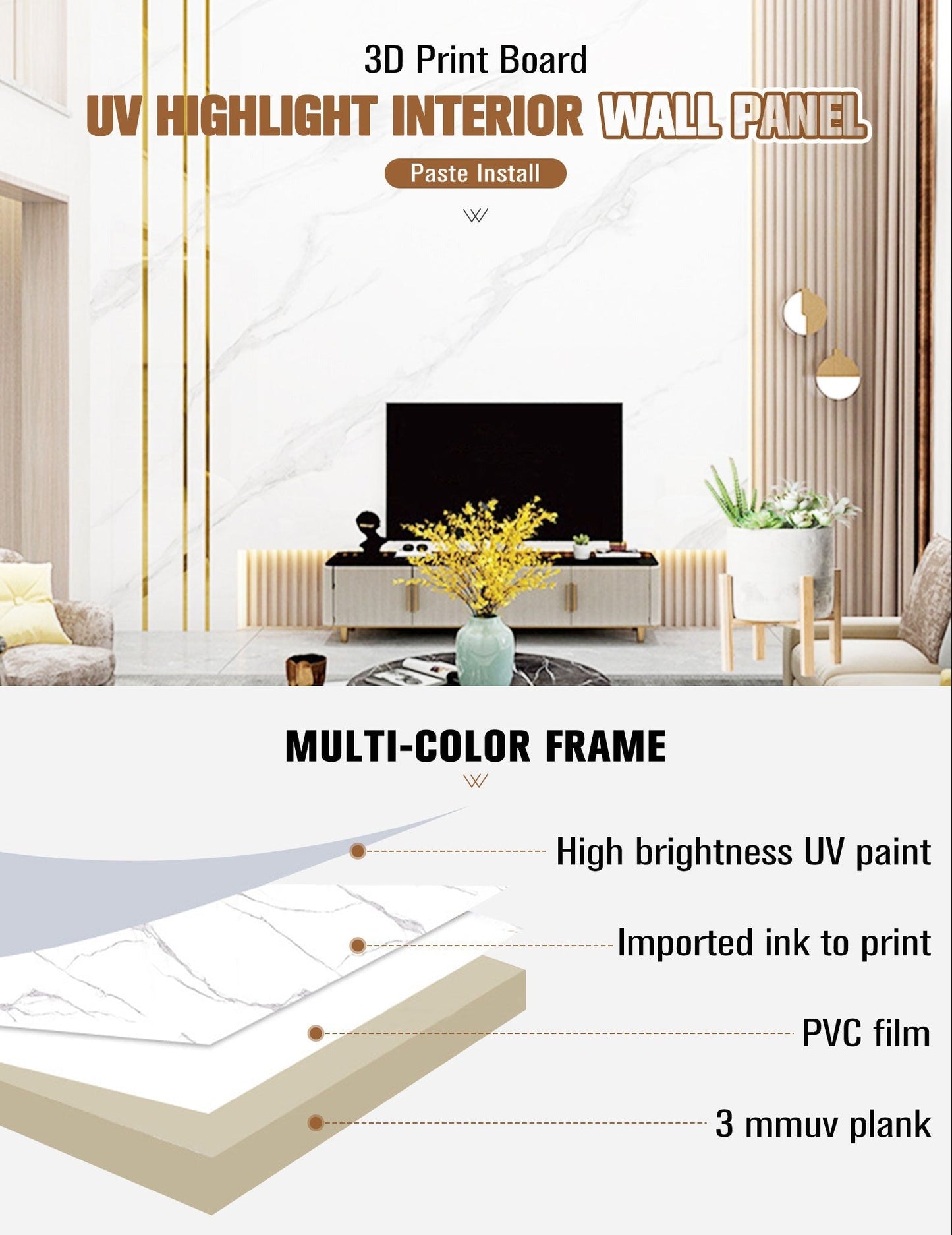 Wall Panel High Glossy 3D Printing Marble Sheet Uv Coating Pvc Easy To Install Decorative Wall Panels
