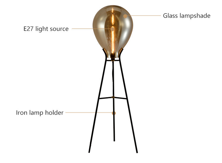 Floor Lamp Parlour Nordic Vintage Standing Tripod Smoke Grey Glass Floor Lamps
