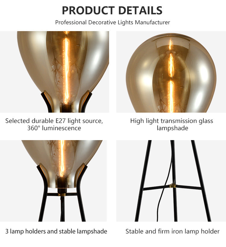 Floor Lamp Parlour Nordic Vintage Standing Tripod Smoke Grey Glass Floor Lamps