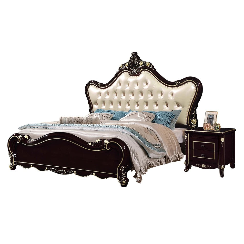 Cama tamaño Queen, diseño real, juego de cama de dormitorio blanco de arroz negro de cuero europeo de lujo