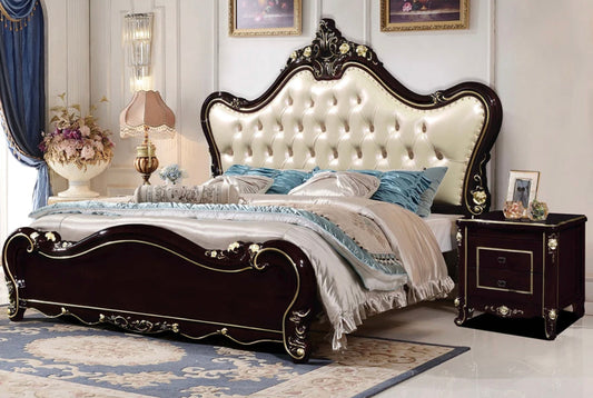 Queen Size Bed Royal Design Luxury European Leather Black Rice White Bedroom Bed Set