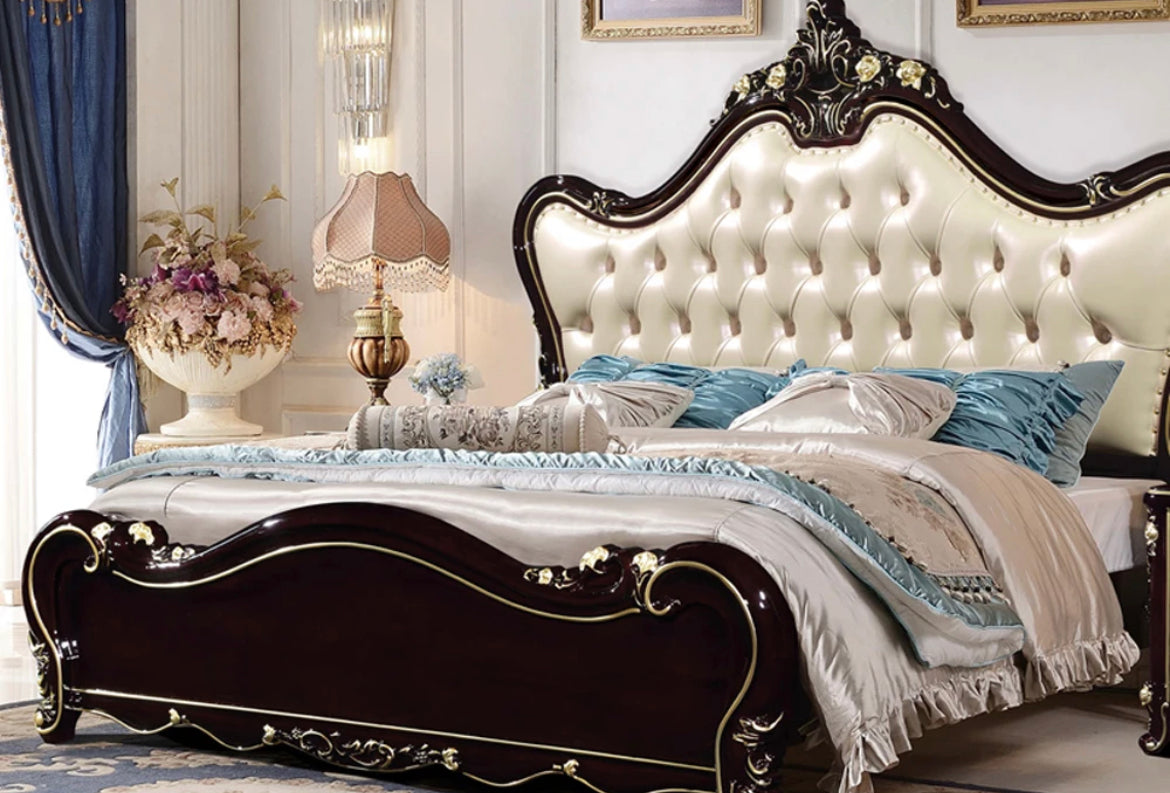 Cama de dormitorio, cama de cuero de diseño real, muebles de dormitorio, juego de cama doble europeo de lujo