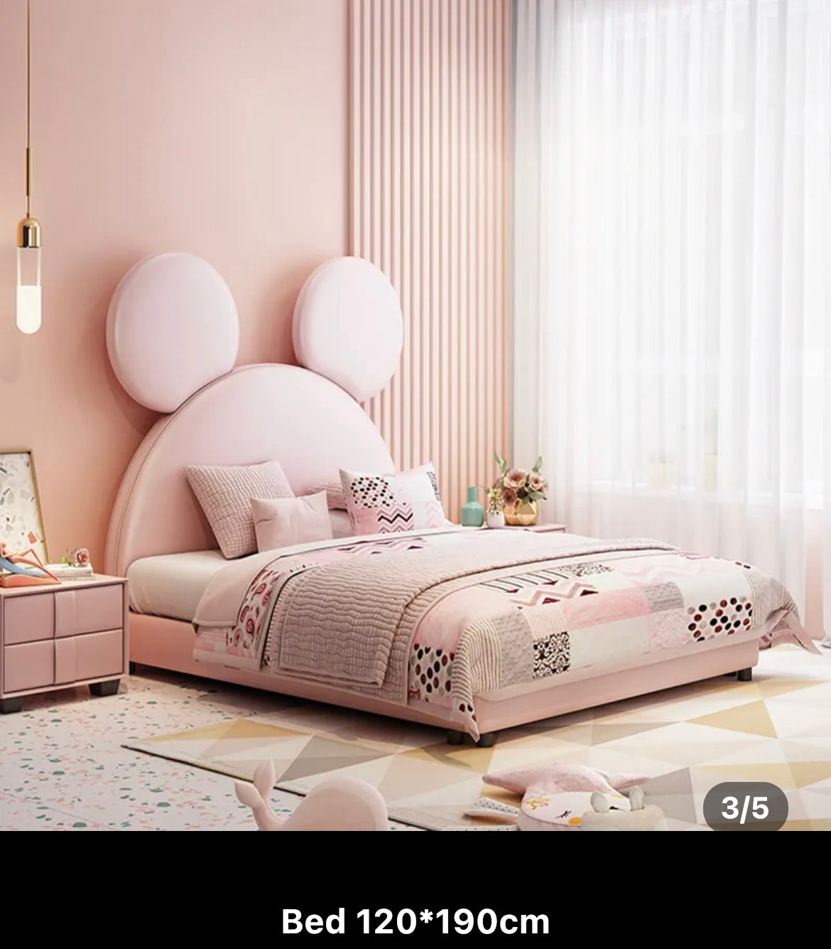 Kids Bed Nordic Cloth Art Double Bed Mickey Cartoon Children Pink Gray Bedroom Bed