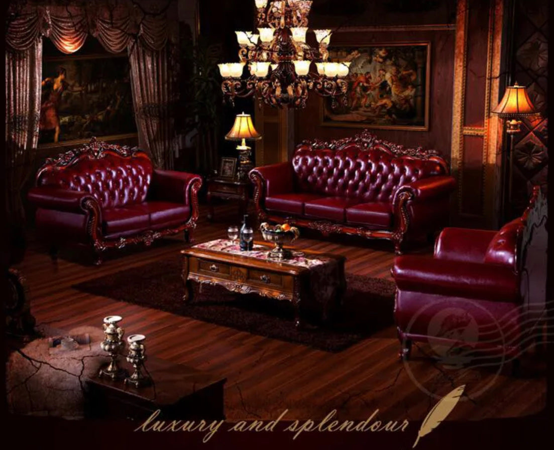 Exclusive High Quality European Antique Living Room Sofa Baroque Design Furniture Genuine Leather Set