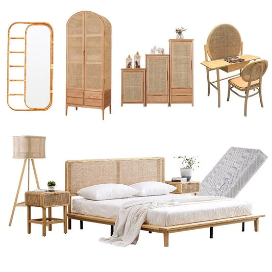 Bedroom Furniture Set Modern Nordic Vintage French Marte Rattan Cane Wicker Wood Furniture