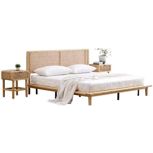 Bedroom King Queen Bed Nordic Vintage Design Rattan Cane Wicker Wood Platform Beds