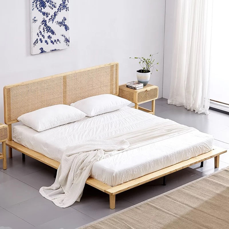 Cama King Queen para dormitorio, diseño nórdico Vintage, camas con plataforma de madera y mimbre 