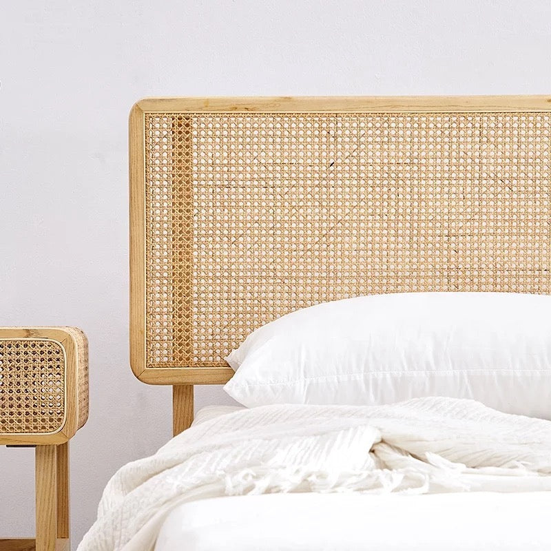 Bedroom King Queen Bed Nordic Vintage Design Rattan Cane Wicker Wood Platform Beds