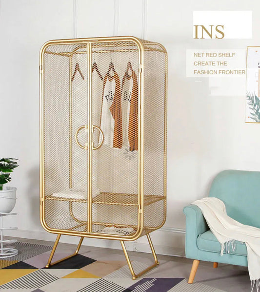 Wardrobe Nordic Wrought Iron Grid Golden Single Wardrobe Clothing Display Cabinet
