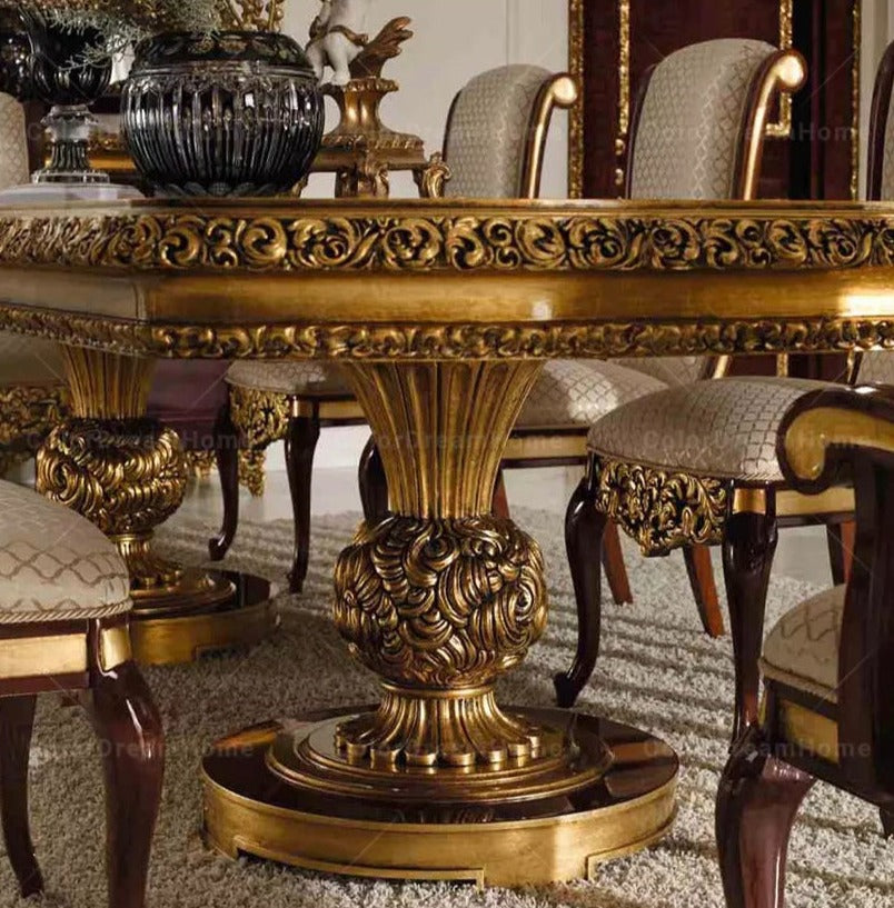 Juego de mesa de comedor de lujo de diseño barroco, muebles de comedor antiguos franceses