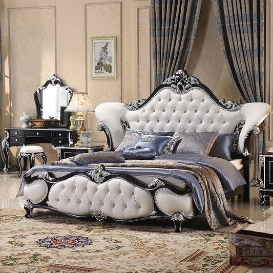European Design Bedroom Leather Bed Solid Wood Baroque Style Bedroom Furnitures