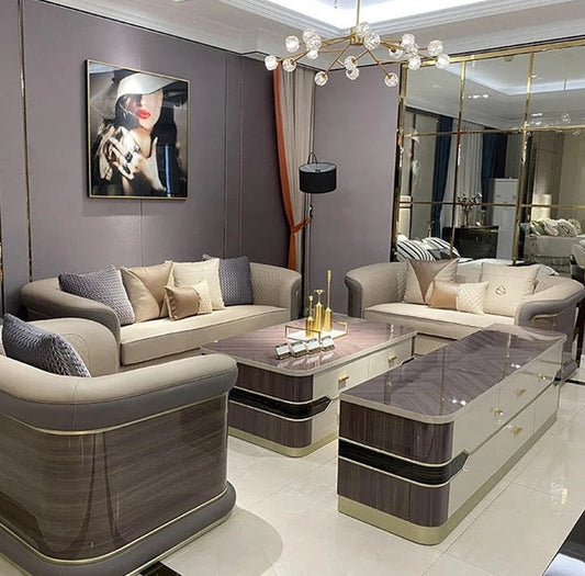 3+2+1 Sofa Set Italian Design Light Luxury Leather Solid Wood Living Room Sofa Set