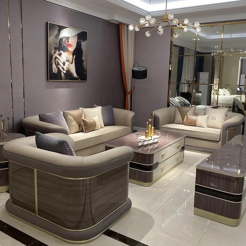 3+2+1 Sofa Set Italian Design Light Luxury Leather Solid Wood Living Room Sofa Set