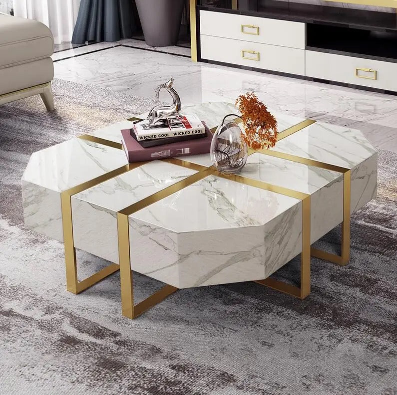 Tea Coffee Table White Square Marble Stone Gold Plated Steel Tables Living Room Furniture