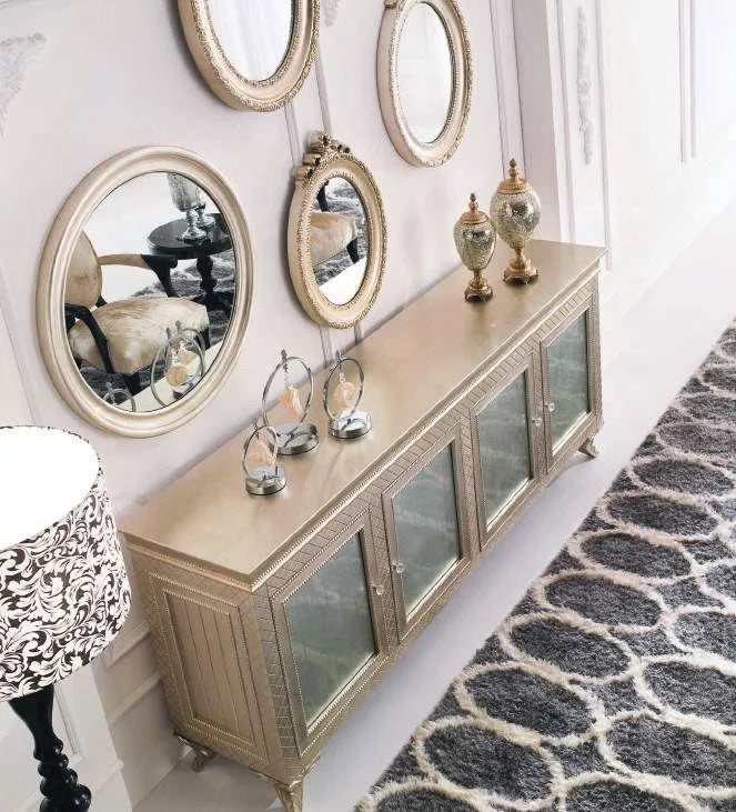 Sideboard Amazing 4 Doors Traditional Italian Design Champagne Gold Wooden Cabinet With Mirror
