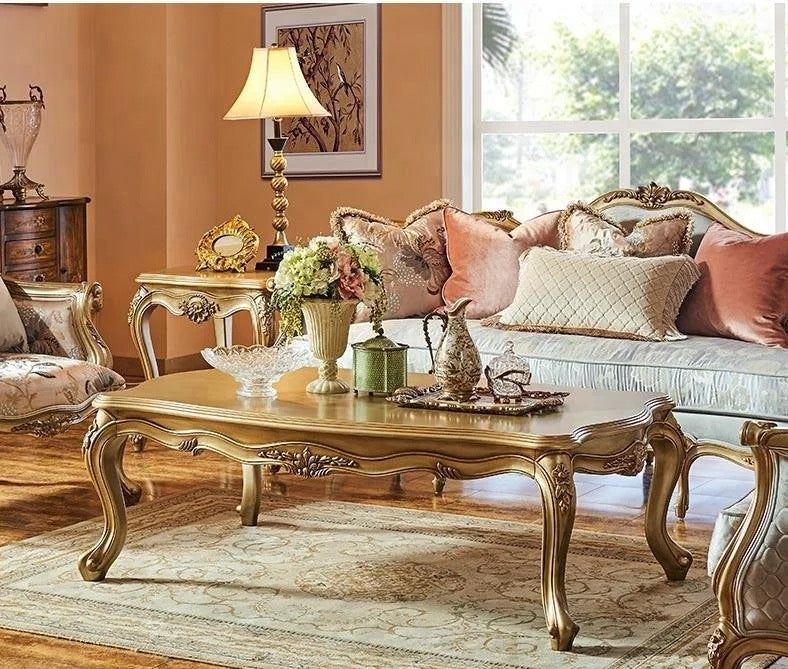 Mesa de centro de té, diseño antiguo francés, mesas de centro barrocas para sala de estar de madera maciza 