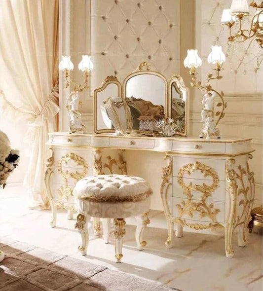 Master Bedroom Vanity Baroque Luxury Solid Wood Golden Bedroom Dresser With Mirror