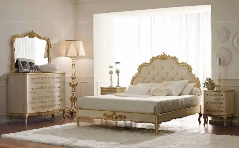 Tocador de dormitorio principal, tocador de dormitorio dorado de madera maciza de lujo barroco con espejo 