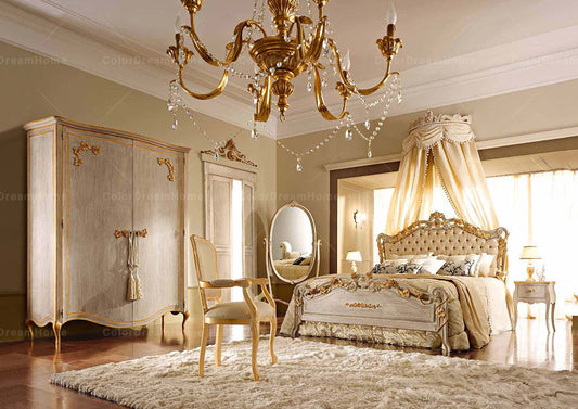 Ensemble de meubles de chambre à coucher, ensemble de chambre à coucher de luxe italien baroque en bois massif doré
