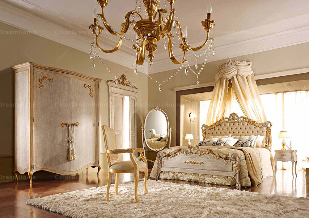 Tocador de dormitorio principal, tocador de dormitorio dorado de madera maciza de lujo barroco con espejo 