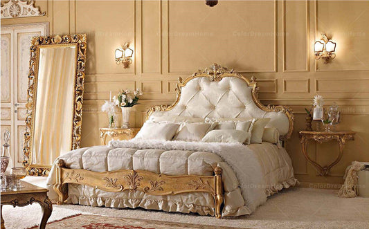 Bedroom Furniture Set Baroque Italian Luxury Solid Wood Golden Bedroom Bed Sets