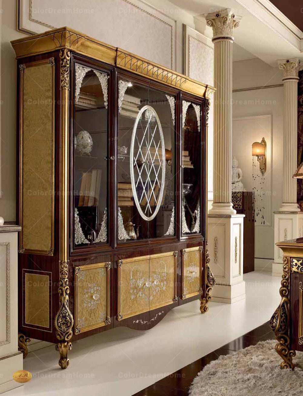 Gabinete de lujo europeo real restaurante de lujo pantalla de vidrio 4 puertas gabinete muebles de diseño barroco 