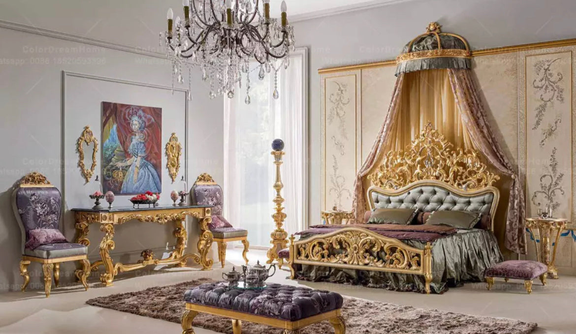 Master Bedroom French Royal Luxury Heavy Carved Bedroom Set Golden Solid Wood Baroque Design Furniture