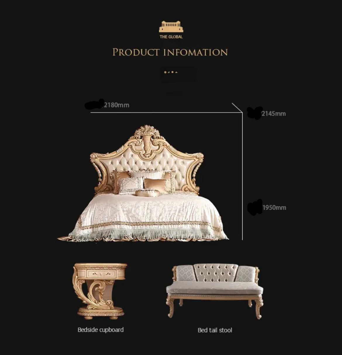 King Size Bed Solid Wood and Leather French Baroque Royal Design Bedroom Furniture